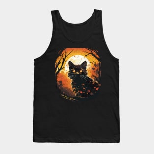 Retro Vintage Style Halloween Black Cat, Autumn Moon Tank Top